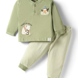 CUCUMBER Sinker Knit Full Sleeves T-shirt & Jogger Set with Animal Print - Sage Green-picture-15