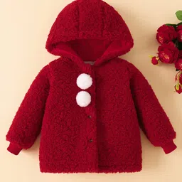 Mark & Mia Full Sleeves Hooded Fur Winter Jacket With Pom Pom Applique - Red-picture-34