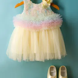 Bluebell Net Woven Sleeveless Party Frock with Floral Corsages and Booties - Cream-picture-23