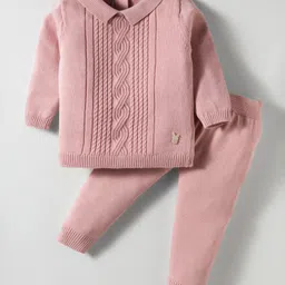ToffyHouse Cotton Knit Full Sleeves Winter Wear T-Shirt & Lounge Pant Set With Cable Knit Design - Pink-picture-19