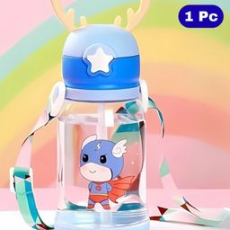Bubble Trouble Plastic Deer Horn Shape Water Bottle With Straw & Strap BPA Free Non-Toxic, Anti-Leak With Cartoon Design Water Bottle For Kids, School, Home (600ml) - Blue-picture-46