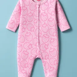 Babyhug Cotton Knit Full Sleeves Footed Sleepsuit With Stawberry Print - Pink-image-12