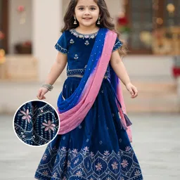 Babyhug Velour Woven Half Sleeves Floral Embroidered Choli Lahenga Set with Dupatta - Navy-image-96