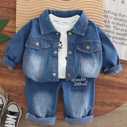 Googo Gaaga Cotton Denim Typography Printed Tee & Jeans With Full Sleeves Mild Wash Jacket Set - Blue-picture-13