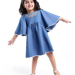 Babyhug Cotton Knit Flutter Half Sleeves Frock with Floral Embroidery - Blue image 2