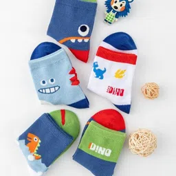 Kidofash Cotton Pack Of 5 Striped & Dinosaur Designed Socks - Green & Blue image 2