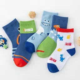 Kidofash Cotton Pack Of 5 Striped & Dinosaur Designed Socks - Green & Blue image 3