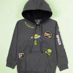 Kiddopanti Fleece Knit Pack of 2 Full Sleeves Space Theme & Typography Printed Light Winter Hoodies - Dull Grey & Neon Green image 4