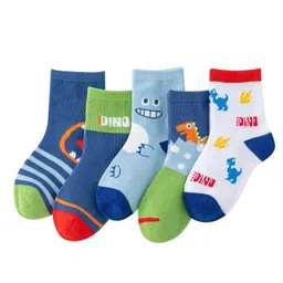 Kidofash Cotton Pack Of 5 Striped & Dinosaur Designed Socks - Green & Blue image 4