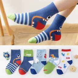 Kidofash Cotton Pack Of 5 Striped & Dinosaur Designed Socks - Green & Blue image 5