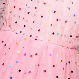 Babyhug Woven Mesh Frill Sleeves Fit & Flare Party Dress with Polka Dot Print - Peach image 5