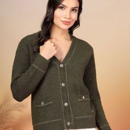 R.Code by The Roadster Life Co. Women Solid V-Neck Woollen Cardigan Sweater-picture-17