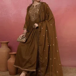 HERE&NOW Women Ethnic Motifs Embroidered Panelled Thread Work Kurta with Trousers & With Dupatta-picture-31