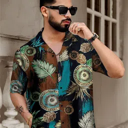 RAHI TRENDZ Men Modern Relaxed Fit Floral Printed Cuban Collar Casual Shirt-picture-32
