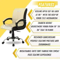 NEWTURN Maxson Revolving Mid Back Arm Rest Office Chair Soft Jute Sweat-Free Fabric Cream-Black Chrome Finish for Office, Home & School Use image 3
