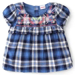 Babyhug Rayon Half Sleeves Top Checkered with Floral Embroidery - Blue image 1