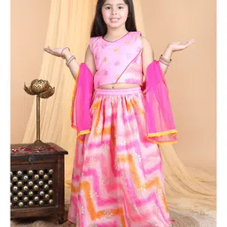 Kinder Kids Sleeveless Floral Embroidered & Chevron Designed Top With Lehenga And Dupatta - Pink image 1