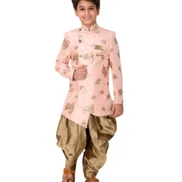 Fourfolds Full Sleeves Floral Foil Printed Sherwani Dhoti Set - Pink-picture-18