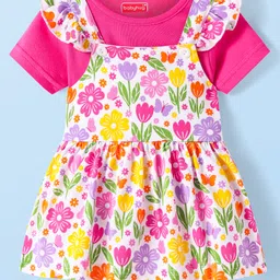 Babyhug 100% Cotton Knit Half Sleeves Solid T-Shirt & Floral Printed Frock Style Onesie - Dark Pink-image-74