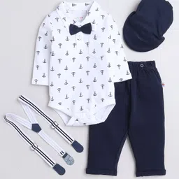 BUMZEE Cotton Knit Full Sleeves Anchor Printed Onesie With Trouser Suspender Cap & Bow Set - Navy Blue& White image 1
