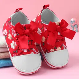 Babyoye Slip On Booties with Floral Print & Bow Applique - Red-picture-38