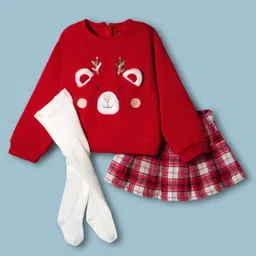 Little Kangaroos Cotton Knit Full Sleeves Winter Wear Sweatshirt Skirt & Leggings Set with Reindeer Applique & Check with Sequin Detailing - Red & White-picture-20