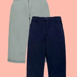 Kiddopanti Cotton Woven Pack of 2 Solid Chinos - Navy Blue & Light Green-image-29