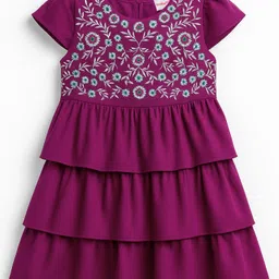 Babyhug Cotton Woven Half Cap Sleeves Layered Frock with Floral Embroidery - Wine-picture-11