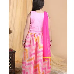 Kinder Kids Sleeveless Floral Embroidered & Chevron Designed Top With Lehenga And Dupatta - Pink image 3
