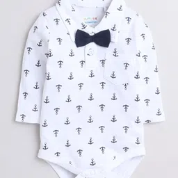 BUMZEE Cotton Knit Full Sleeves Anchor Printed Onesie With Trouser Suspender Cap & Bow Set - Navy Blue& White image 2