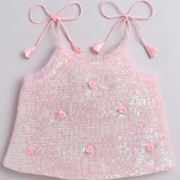 Many frocks & Woven Sleeveless Floral Applique Detailed Sequins Embellished Top & Palazzo Set - Pink image 3