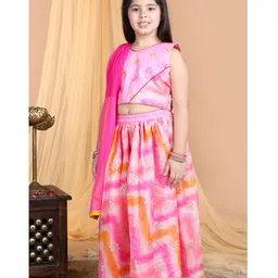 Kinder Kids Sleeveless Floral Embroidered & Chevron Designed Top With Lehenga And Dupatta - Pink image 4