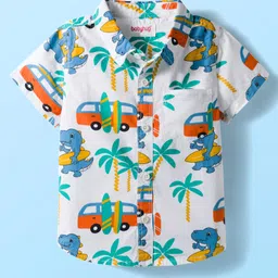 Babyhug Cotton Woven Half Sleeves Shirt & Short Set With Vehicle Print - White & Blue image 2