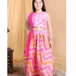 Kinder Kids Sleeveless Floral Embroidered & Chevron Designed Top With Lehenga And Dupatta - Pink image 5