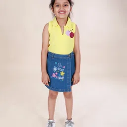 Kiddopanti Denim Floral & Chill Text Printed Skort - Blue image 5