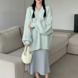 HERE&NOW Women Cable Knit V-Neck Longline Pullover-picture-25