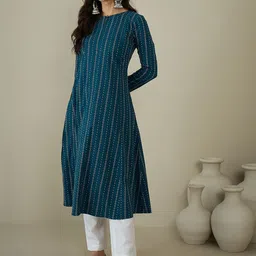 MASSTANI BY INDDUS Woven Design Keyhole Neck Cotton A-Line Kurta-image-15