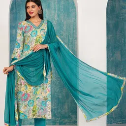 GoSriKi Floral Printed Regular Zari Straight Kurta with Trousers & Dupatta-image-48