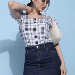 RAGHUVEER CREATION Checked Puff Sleeve Crop Top image 4