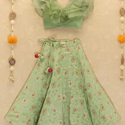 Piccolo Short Frill Sleeves Ruffle Detail Choli & Floral Printed Lehenga - Green-picture-15