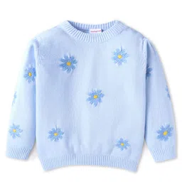 Babyhug Knit Full Sleeves Floral Embroidery Sweater - Light Blue-image-64