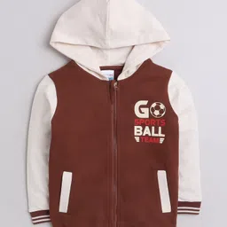 BUMZEE Full Sleeves Football Theme Go Sports Ball Team Text Printed Hooded Sweat Jacket - Brown & Cream-image-17