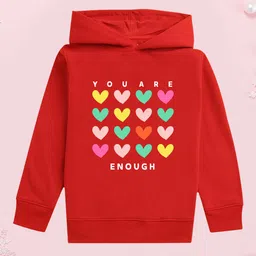 NUSYL Fleece Full Sleeves Hearts & You Are Enough Text Printed Hoodie - Red image 1