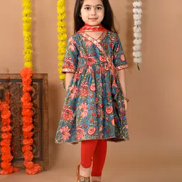 Kinder Kids Cotton Half Sleeves Floral Printed & Gota Lace Embellished Kurta Leggings With Dupatta - Pink-image-43