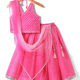 Babyhug Woven Sleeveless Leheriya Printed Lehenga Choli With Dupatta - Dark Pink-picture-37