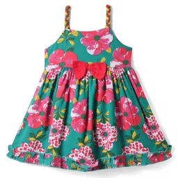 Babyhug Cotton Woven Singlet Sleeves Frock With Floral Print & Bow Applique - Green-image-1