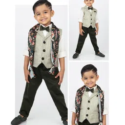 LITTLE COLLARS Linen Full Sleeves Checekd & Floral Printed 3 Piece Party Suit Set With Stole & Bow - Green-picture-24