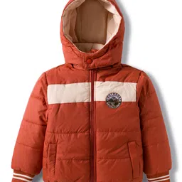 Babyhug Woven Full Sleeves Hooded Padded Jacket with Patch Detailing - Brown-picture-11
