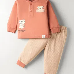 CUCUMBER Sinker Knit Full Sleeves Henley Neck T-Shirt & Joggers Set With Koala Print - Orange & Peach image 1