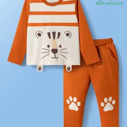 Babyoye 100% Cotton Interlock Knit Full Sleeves T-Shirt & Lounge Pant Set with Tiger Print - Rust Orange & Cream image 1